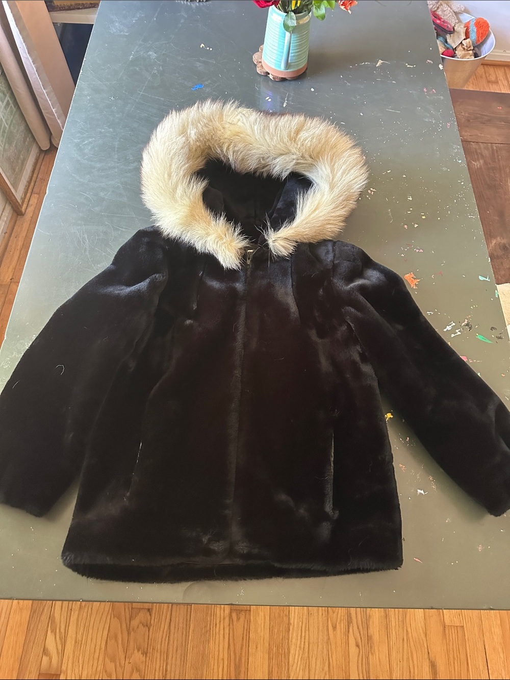 Vintage Gloria Vanderbilt Black Velvet Beige Fur Hooded Coat